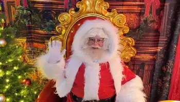 Santa Claus waving from a golden throne beside a Christmas tree at a corporate office kids Christmas party in Dublin, Ireland.