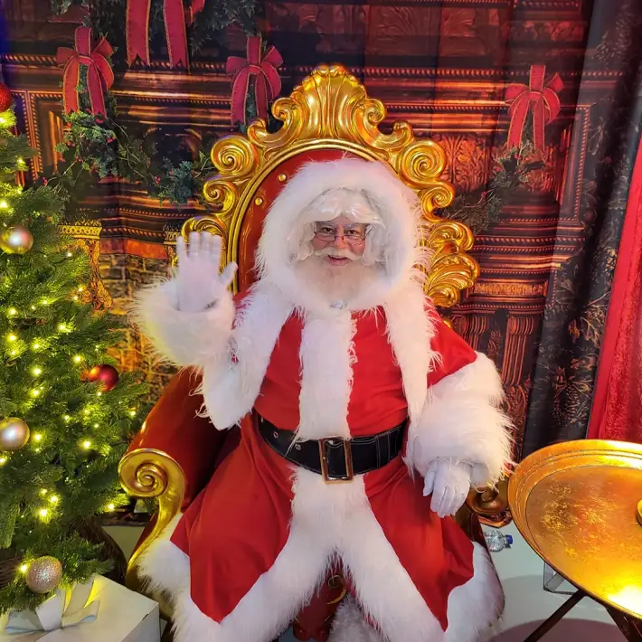 Santa greeting children at a corporate office Christmas party for kids in Dublin, complete with festive throne and decorations.